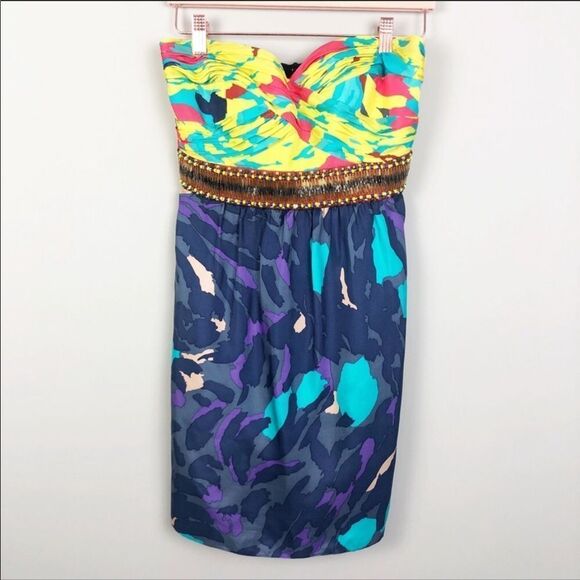 TIBI | Silk Abstract Multiprint Beaded Strapless Dress Women’s Size 2 - Picture 3 of 8